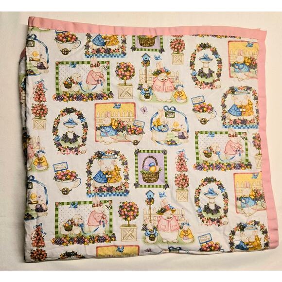 Handmade Other - Handmade Vintage Baby Quilt Pastel Easter Bunny Patchwork Theme Blanket 38"X42"